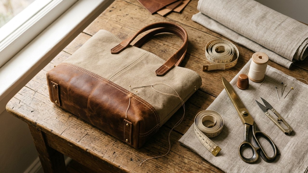 Máquina de costura doméstica e tecidos coloridos preparados para confecção de bolsas artesanais