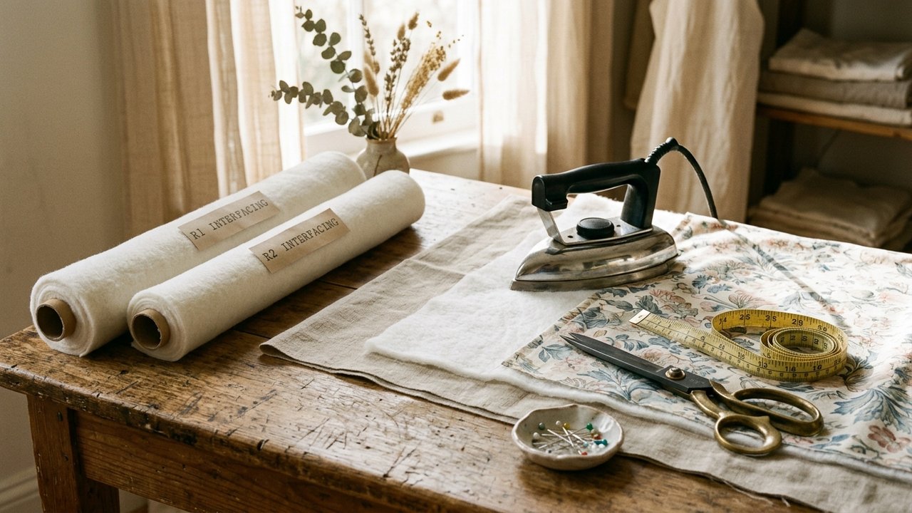 Mantas de estruturação R1 e R2 sendo preparadas na mesa de corte com tecidos e ferro de passar