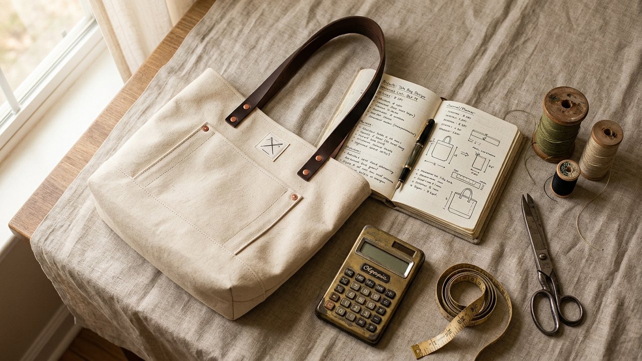 Calculadora, caderno de custos e amostras de tecidos para precificação de artesanato