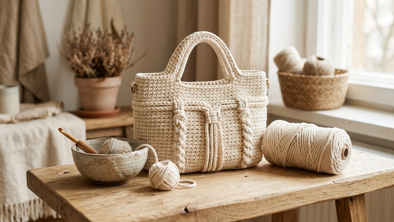 Bolsa de crochê de luxo em fio náutico com alça de corrente dourada e fecho torniquete