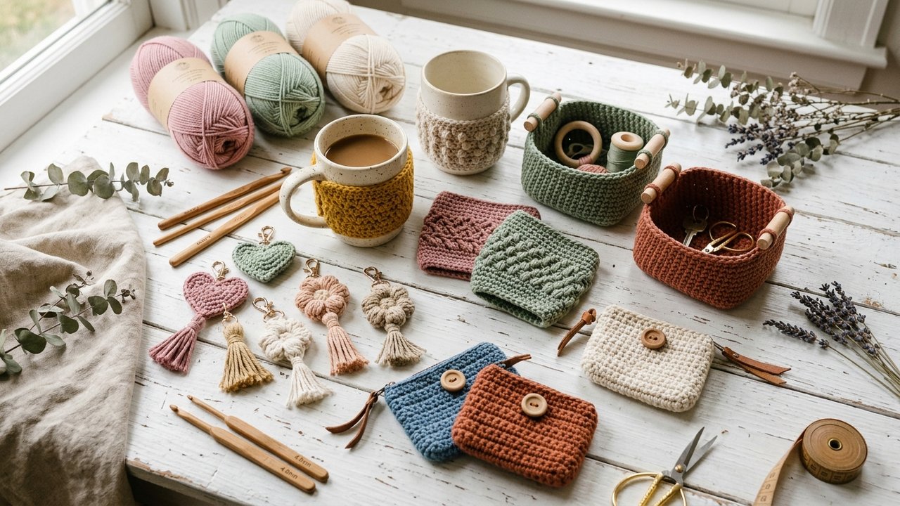 Conjunto de peças artesanais em crochê: bolsas, porta-copos e acessórios prontos para venda