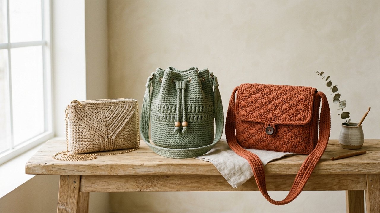 Modelos elegantes de bolsas em crochê com acabamentos em couro e metal