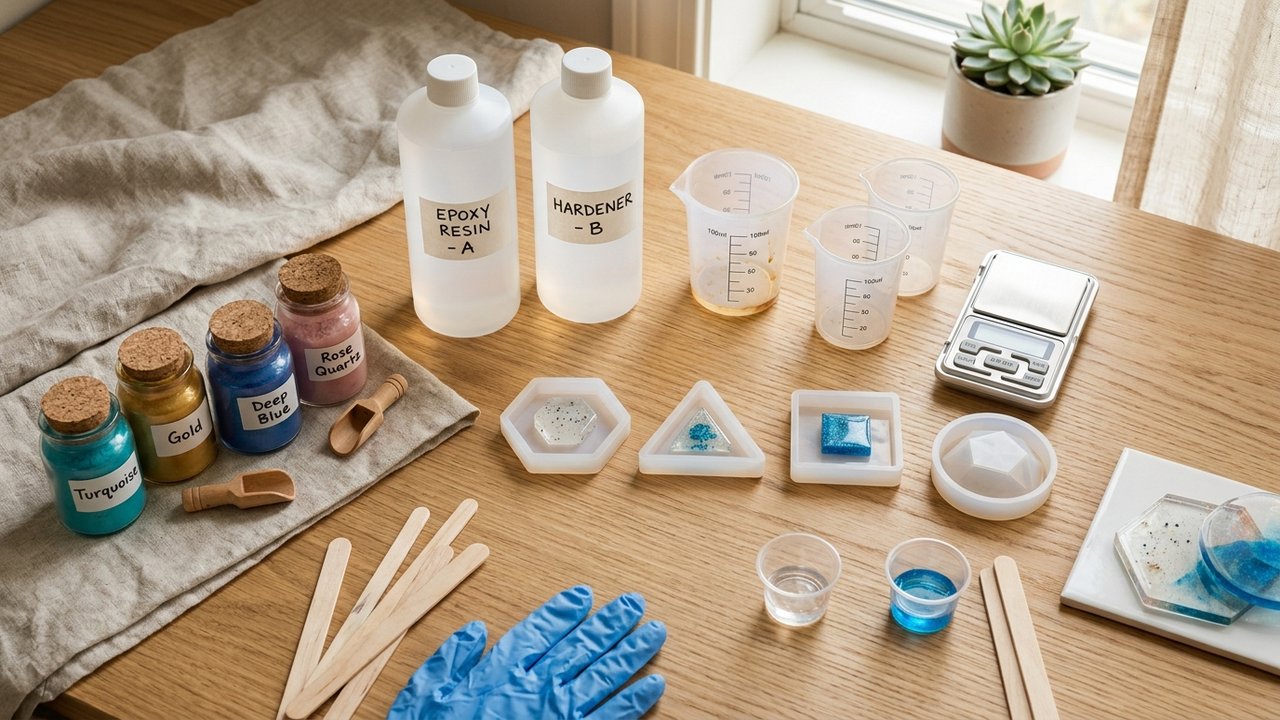 Mesa de ateliê com moldes de silicone, balança digital, potes de pigmento mica e copos dosadores